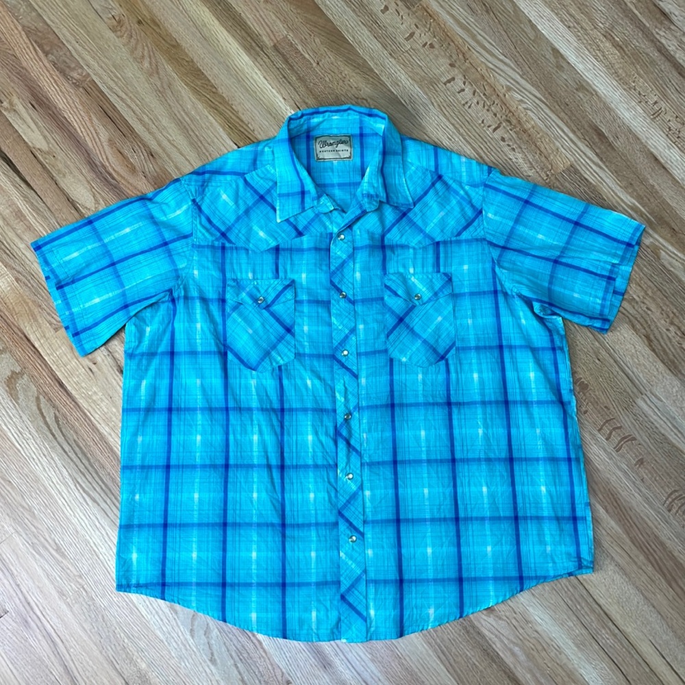 Pearly snap button-down, short sleeve, wrangler, plaid shirt